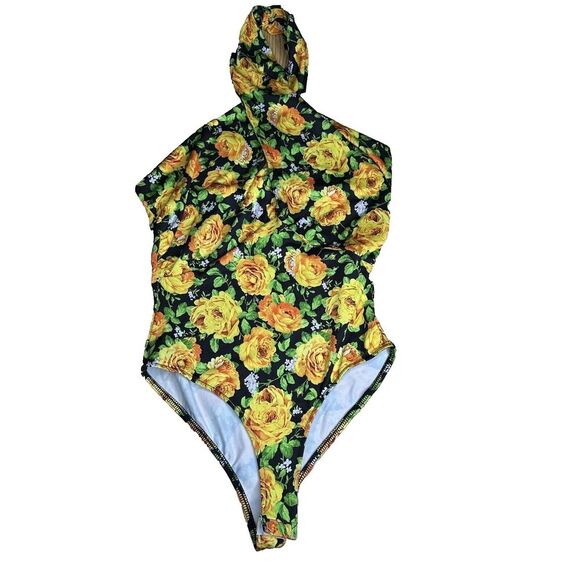 Zara Halter Top Bodysuit Size Small S Black Yellow Green Floral Twist Neck NWT - Picture 3 of 11